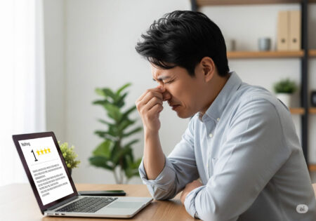 オンラインレビューで1つ星評価を見て困惑している男性がノートパソコンの前で頭を抱えている様子